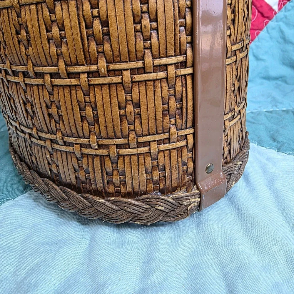 Vintage Faux Woven Wicker Metal Wastebasket Brown Trash Can Mid Century Decor